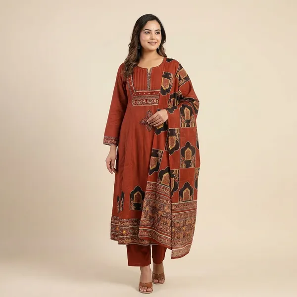 Anarkali_Kurta_Set_Rust_Red_Printed_With_Dupatta