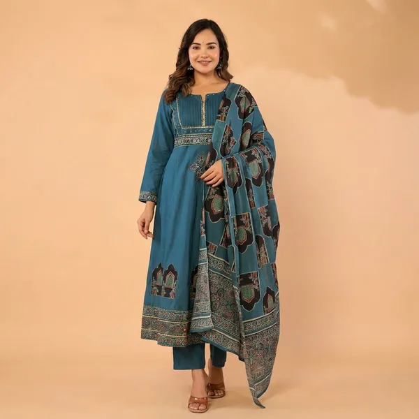 Anarkali_Suit_Set_Teal_Blue_Printed_With_Dupatta