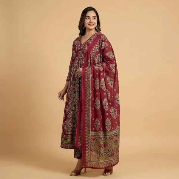 Anarkali_Suit_Set_Red_Embroidered_With_Dupatta