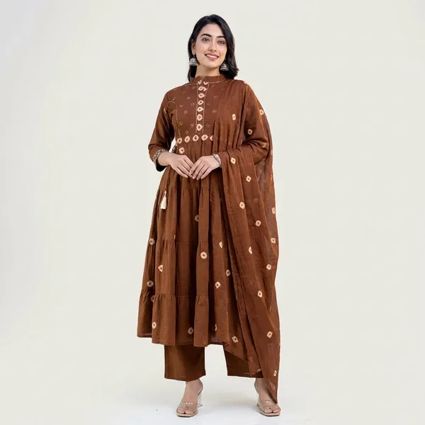 Anarkali_Kurta_Set_Brown_Tiered_Embroidered_With_Dupatta