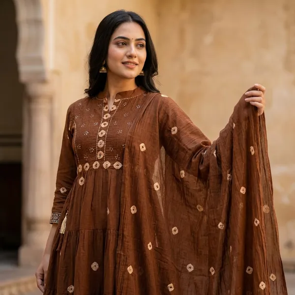 Anarkali_Kurta_Set_Brown_Tiered_Embroidered_With_Dupatta