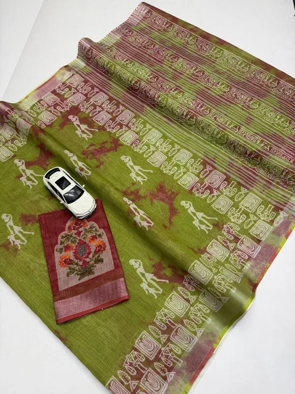 Green_Linen_Warli_Tribal_Print_Saree_For_Women