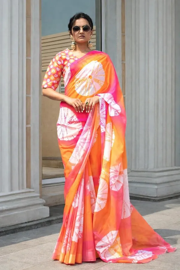 Pink_And_Orange_Satin_Silk_Floral_Print_Saree_For_Women