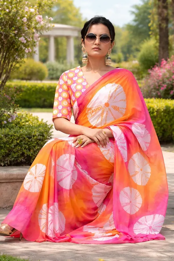 Pink_And_Orange_Satin_Silk_Floral_Print_Saree_For_Women