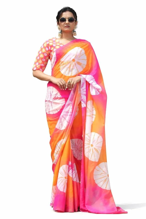 Pink_And_Orange_Satin_Silk_Floral_Print_Saree_For_Women