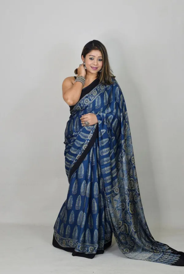 Blue_Ajrakh_Hand_Block_Printed_Cotton_Silk_Saree_For_Women