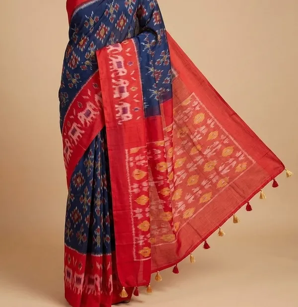 Blue_And_Red_Floral_Print_Cotton_Silk_Saree_For_Women