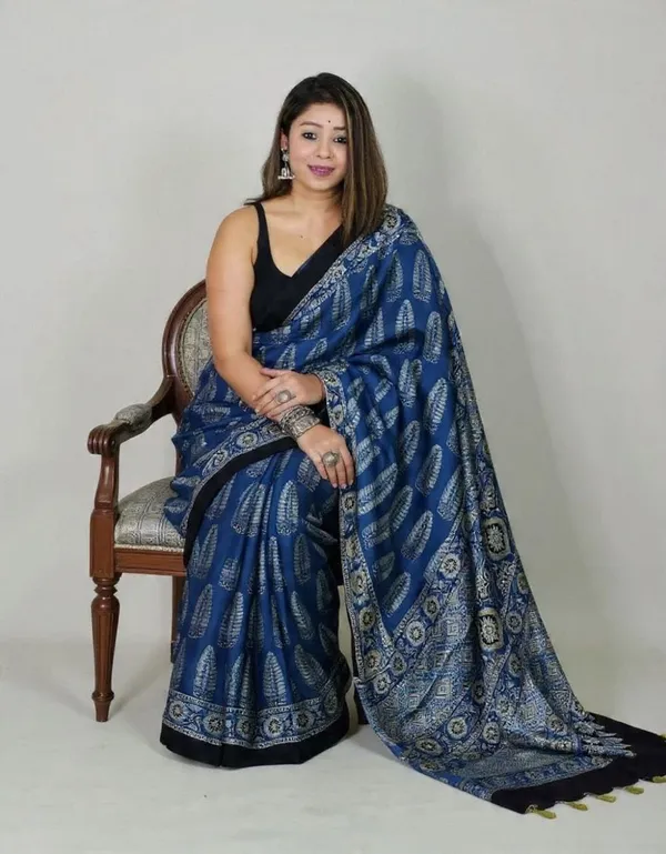 Blue_Ajrakh_Hand_Block_Printed_Cotton_Silk_Saree_For_Women
