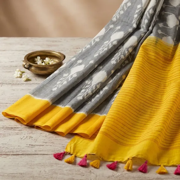 Yellow_And_Black_Floral_Printed_Cotton_Silk_Saree_For_Women