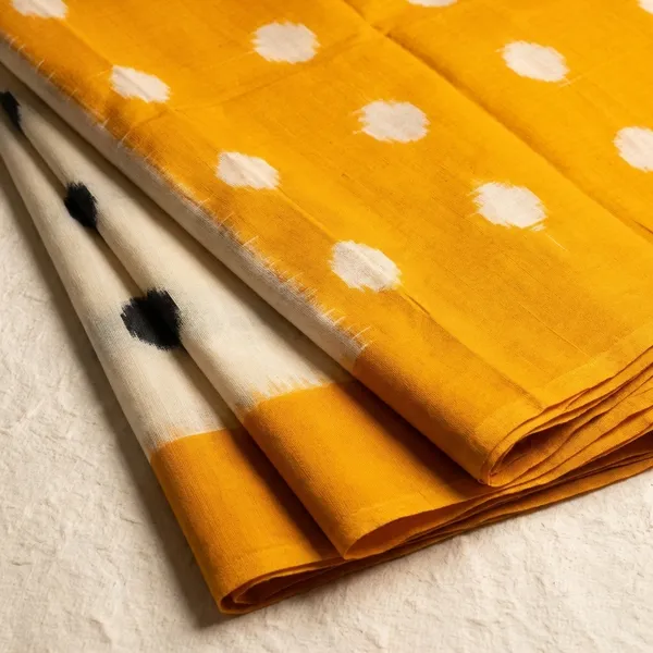 Yellow_And_White_Polka_Dots_Ikat_Cotton_Silk_Saree_For_Women