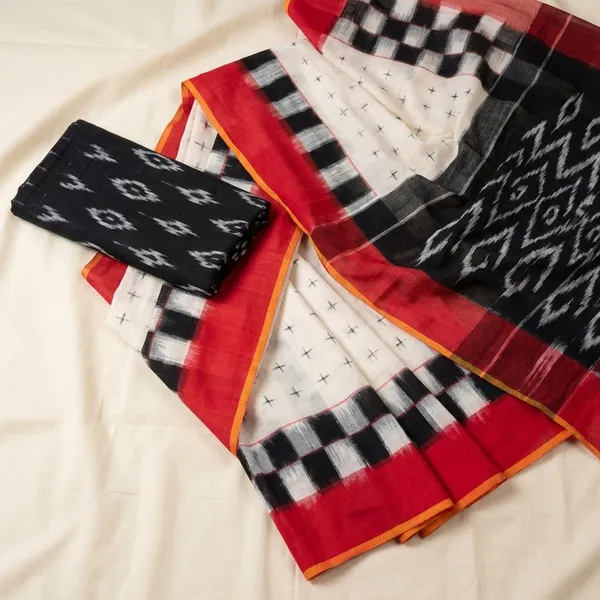 Red_And_Cream_Checkered,_Dot_Pattern_Cotton_Silk_Saree_For_Women