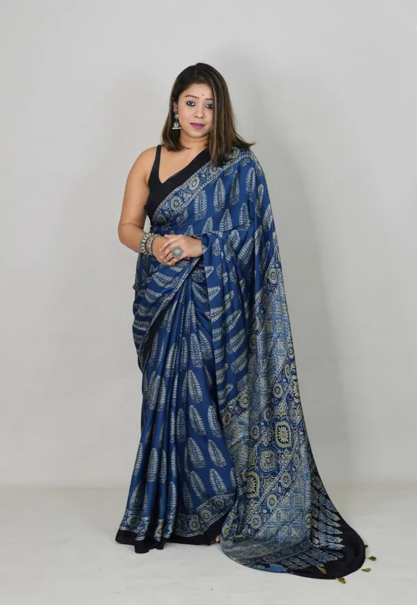 Blue_Ajrakh_Hand_Block_Printed_Cotton_Silk_Saree_For_Women