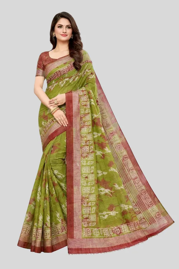 Green_Linen_Warli_Tribal_Print_Saree_For_Women