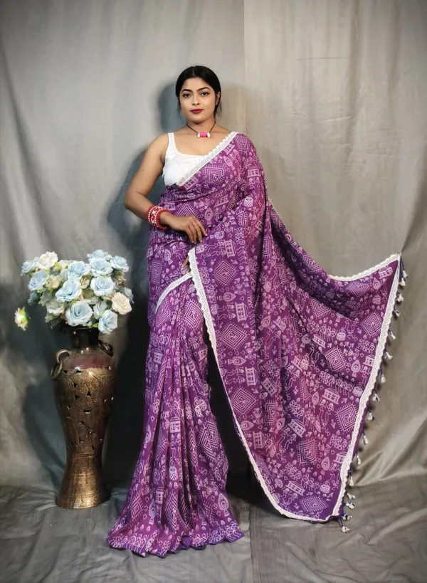 White_And_Purple_Self_Design_Premium_Saree_For_Women