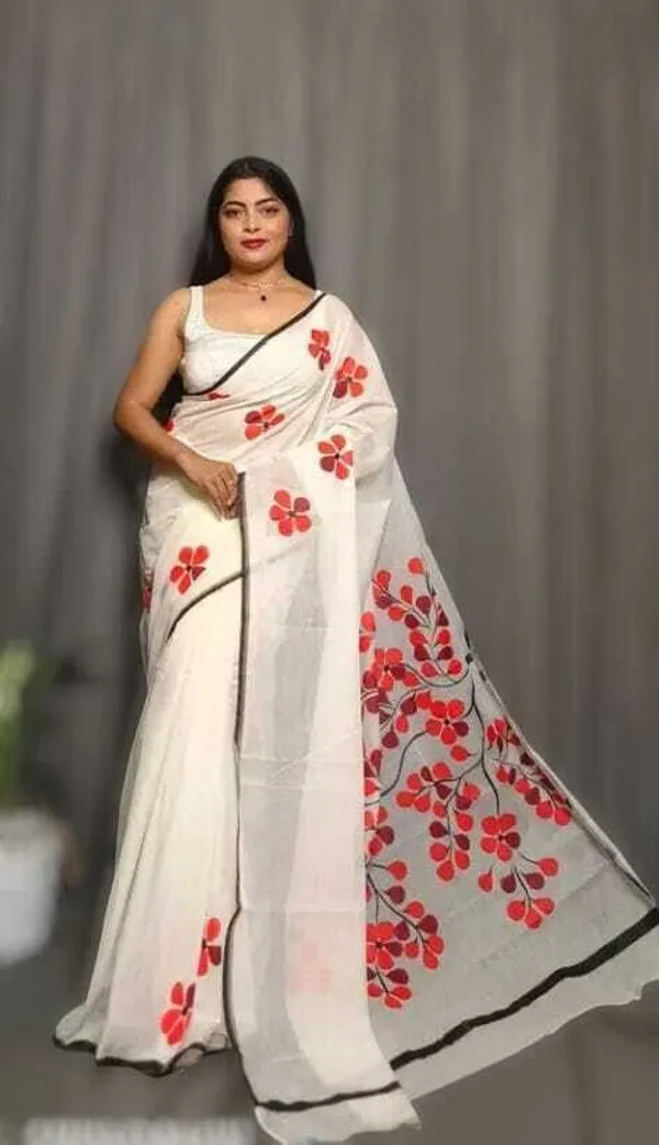 White_And_Red_Embroidered_Premium_Saree_For_Women