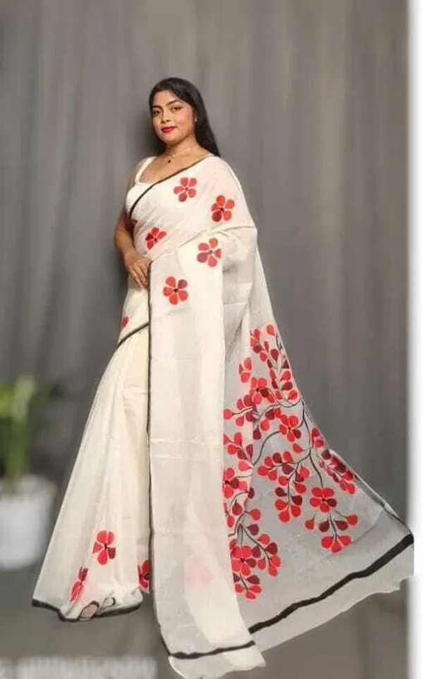 White_And_Red_Embroidered_Premium_Saree_For_Women