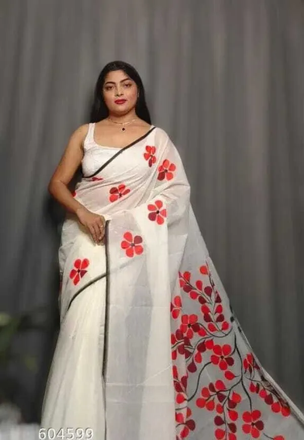 White_And_Red_Embroidered_Premium_Saree_For_Women