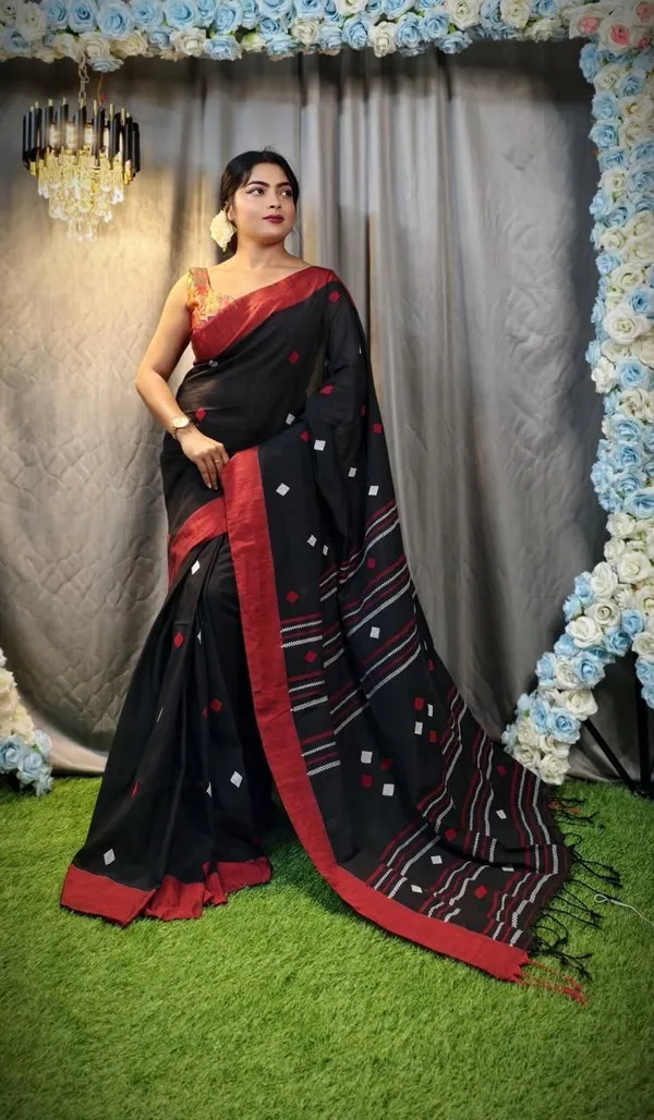 Black_And_Red_Striped_And_Self_Design_And_Woven_Premium_Saree_For_Women