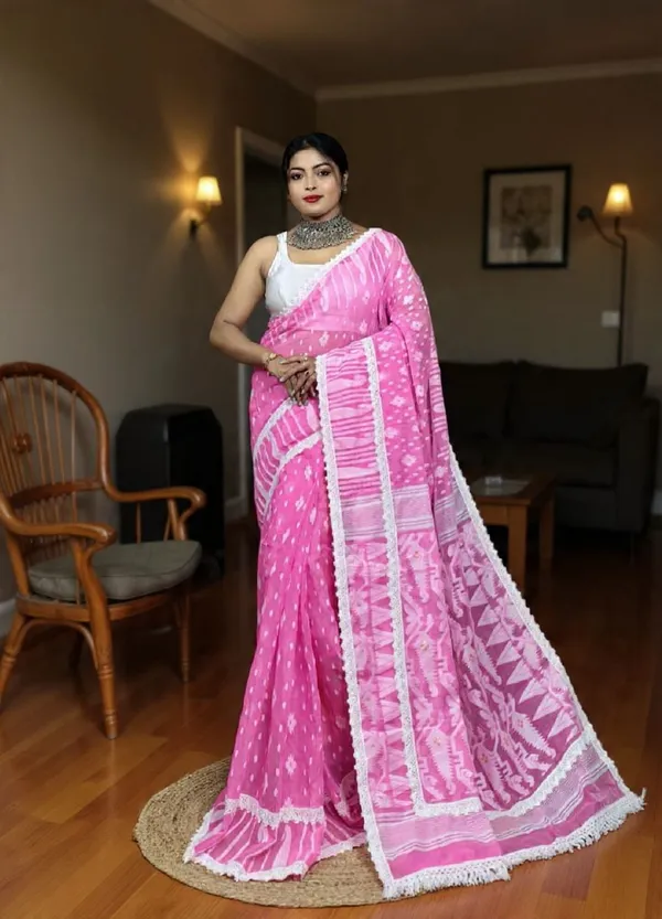 White_And_Pink_Woven_Premium_Saree_For_Women