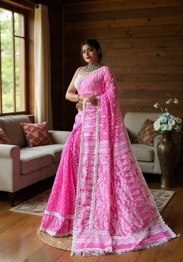 White_And_Pink_Woven_Premium_Saree_For_Women
