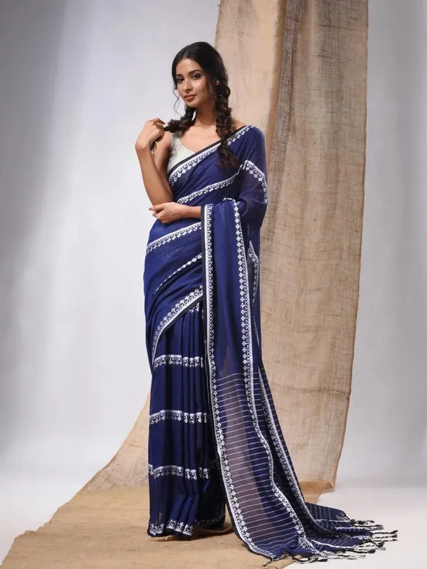 White_And_Blue_Printed_Premium_Saree_For_Women