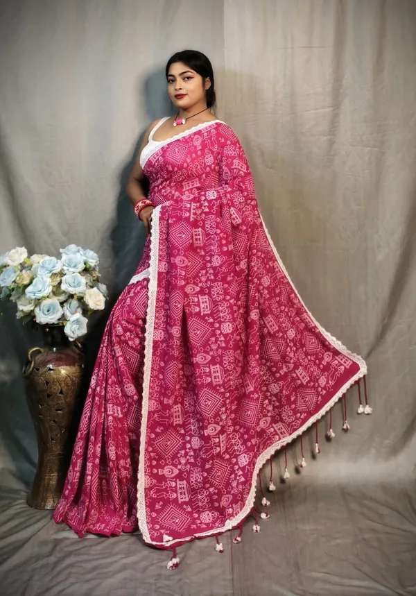 White_And_Pink_Color_Block_And_Woven_And_Striped_Premium_Saree_For_Women