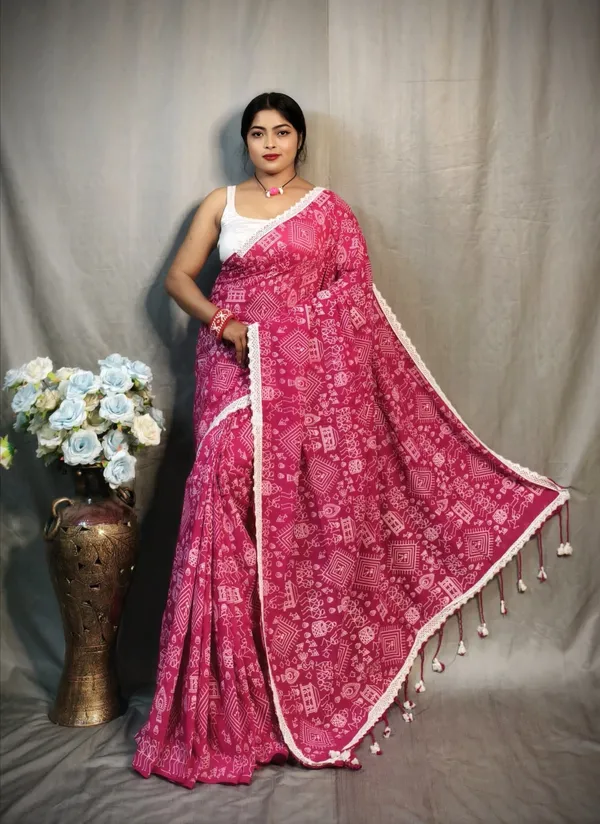 White_And_Pink_Color_Block_And_Woven_And_Striped_Premium_Saree_For_Women