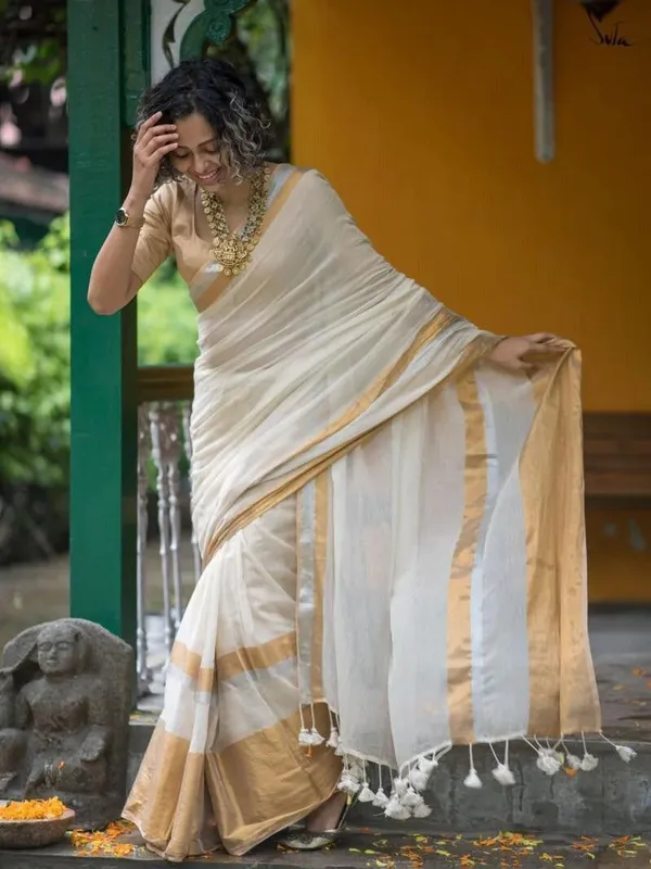 White_And_Gold_Color_Block_Premium_Saree_For_Women