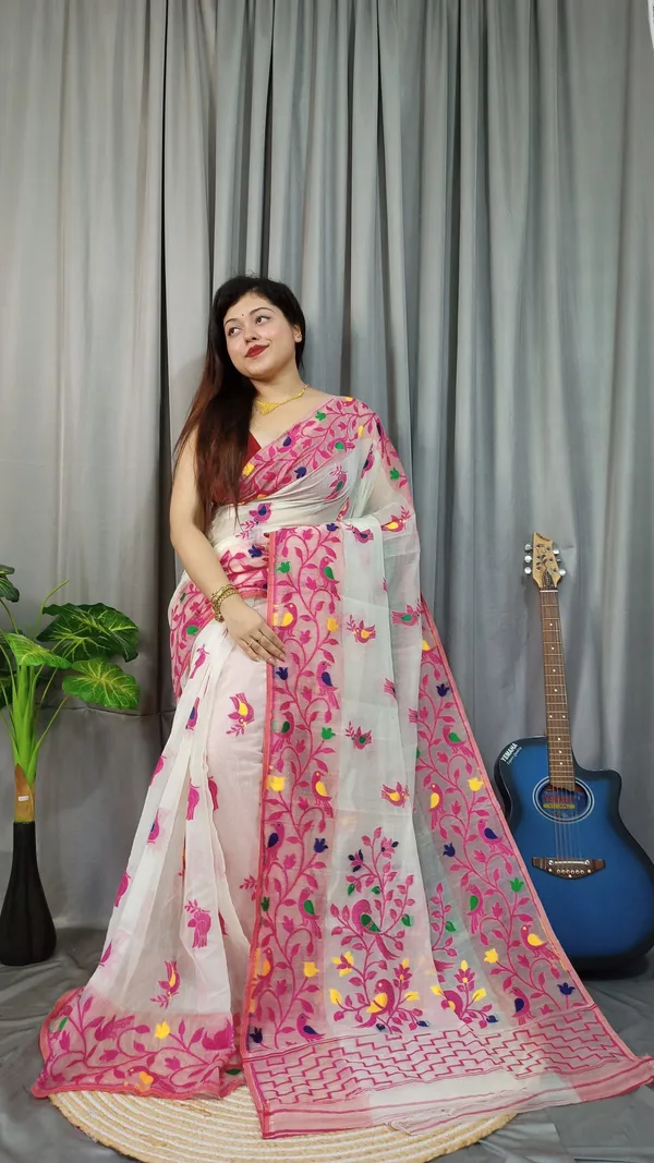 White_And_Pink_Hand_Painted_Premium_Saree_For_Women