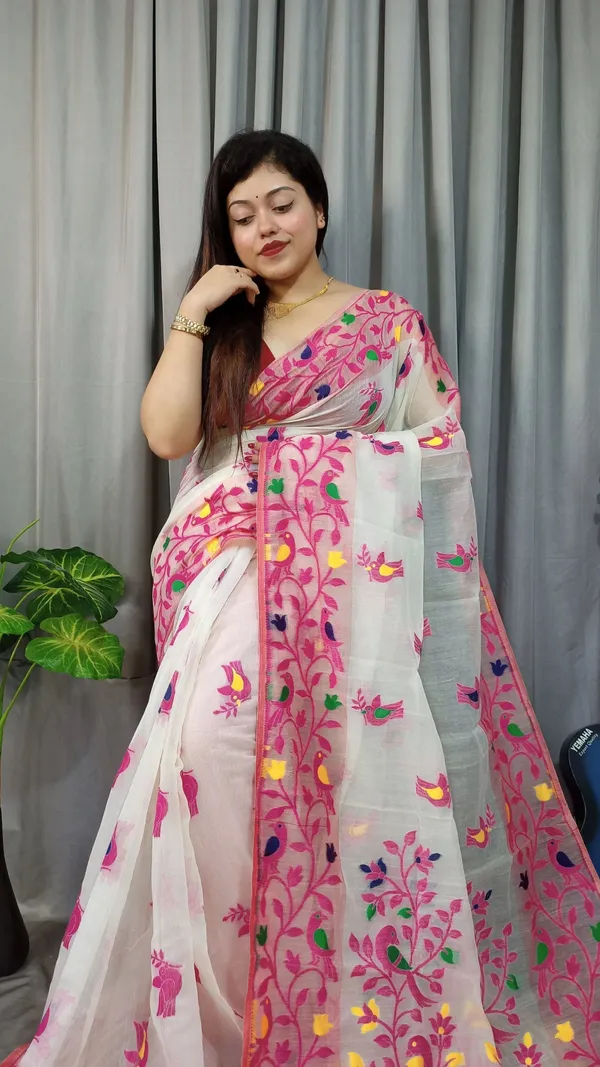 White_And_Pink_Hand_Painted_Premium_Saree_For_Women
