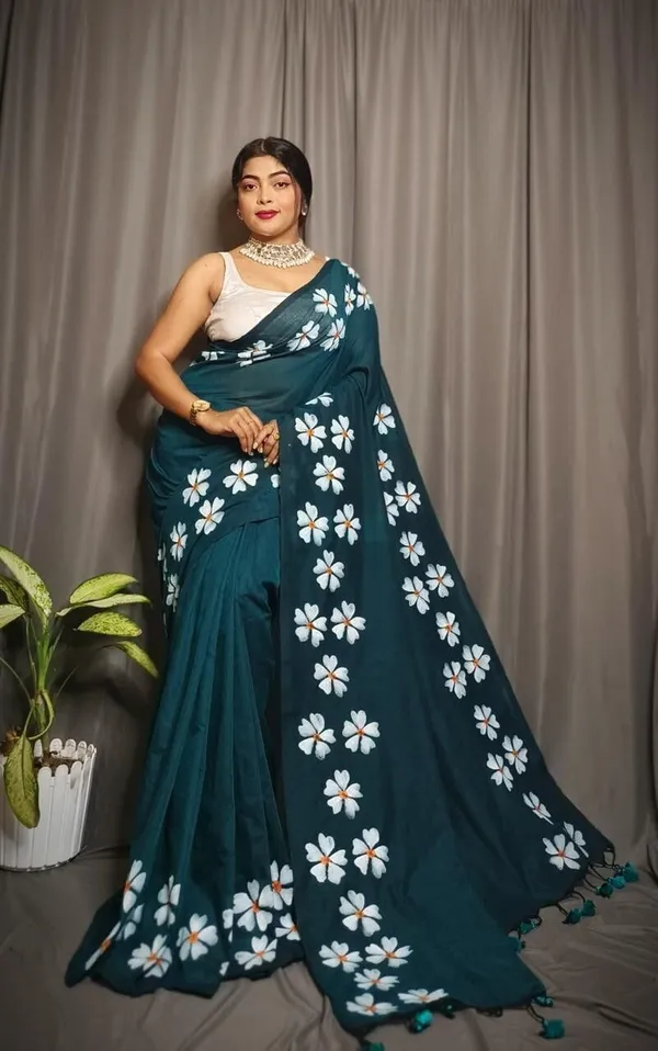 Teal_Blue_Block_Premium_Saree_For_Women