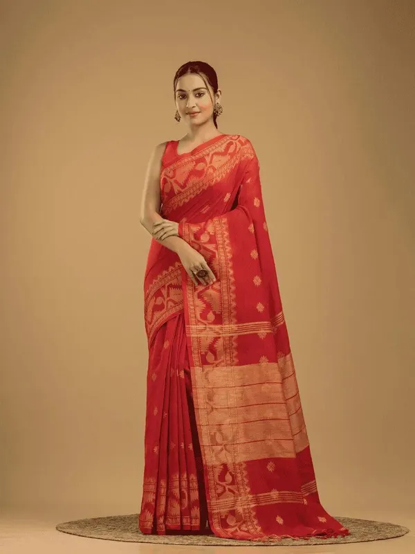 Red_And_Gold_Solid_And_Plain_And_Woven_And_Self_Design_Premium_Saree_For_Women