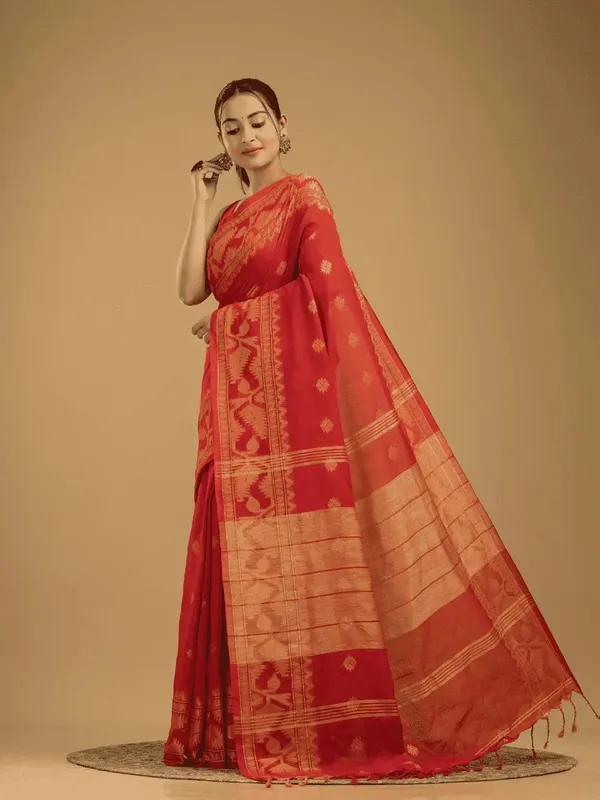 Red_And_Gold_Solid_And_Plain_And_Woven_And_Self_Design_Premium_Saree_For_Women