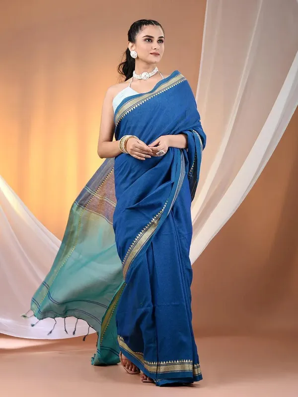 Gold_And_Blue_Woven_Premium_Saree_For_Women