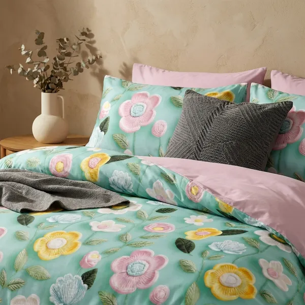 7D_Printed_Floral_Printed_Bedding_Set_With_Reversible_Duvet_Cover_-_Turquoise_&_Pink