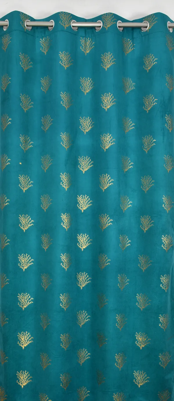Teal_Velvet_Curtain_With_Golden_Coral_Embroidery_-_Grommet_Top