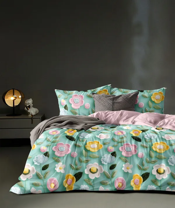 7D_Printed_Floral_Printed_Bedding_Set_With_Reversible_Duvet_Cover_-_Turquoise_&_Pink