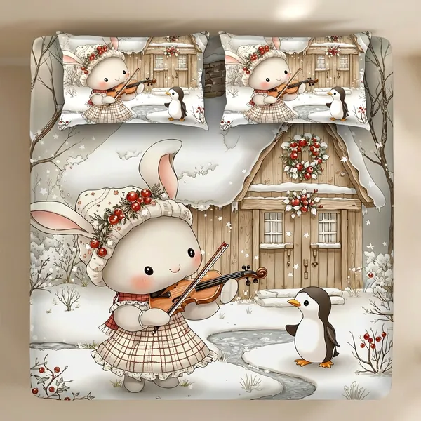 7D_Printed_Whimsical_Winter_Bunny_Bedding_Set_With_Cottage_Scene_-_Duvet_Cover_And_Pillowcase_Set