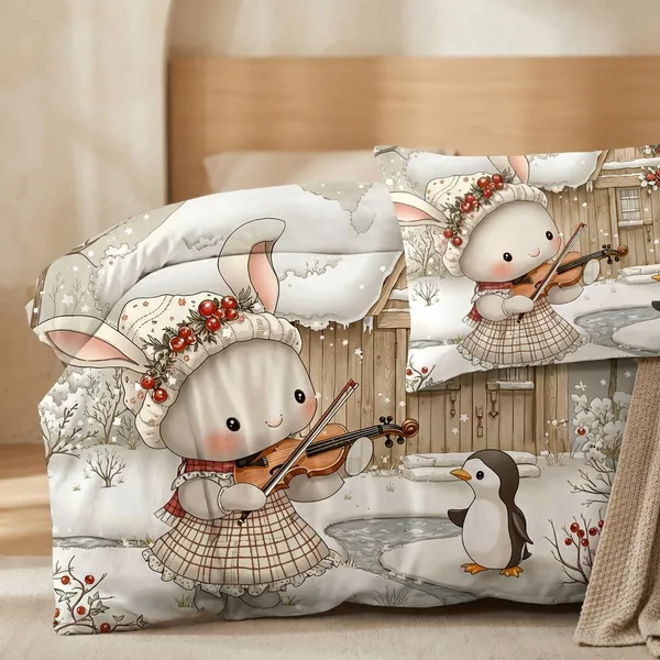 7D_Printed_Whimsical_Winter_Bunny_Bedding_Set_With_Cottage_Scene_-_Duvet_Cover_And_Pillowcase_Set