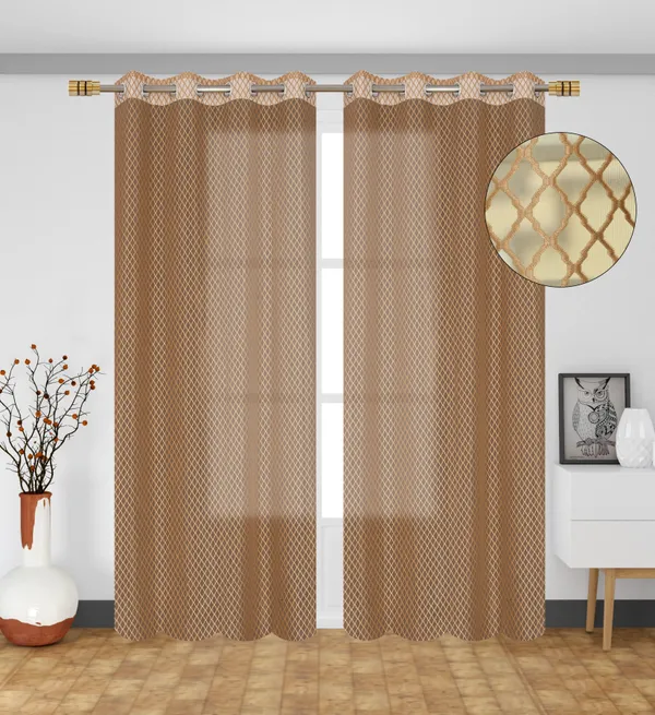 Geometric_Pattern_Semi-Sheer_Grommet_Curtain_-_Brown_&_Cream_Diamond_Lattice_Design