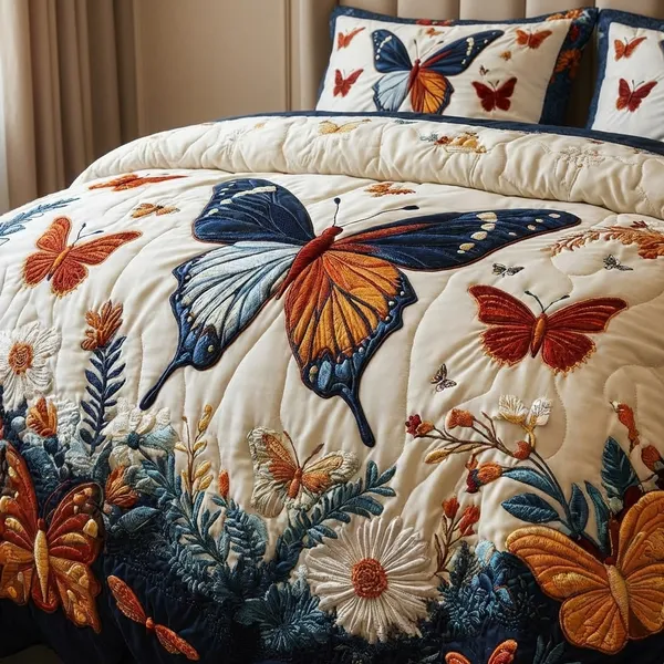 7D_Printed_Butterfly_Garden_Quilted_Comforter_Set_With_Pillow_Covers_-_Cream_&_Blue