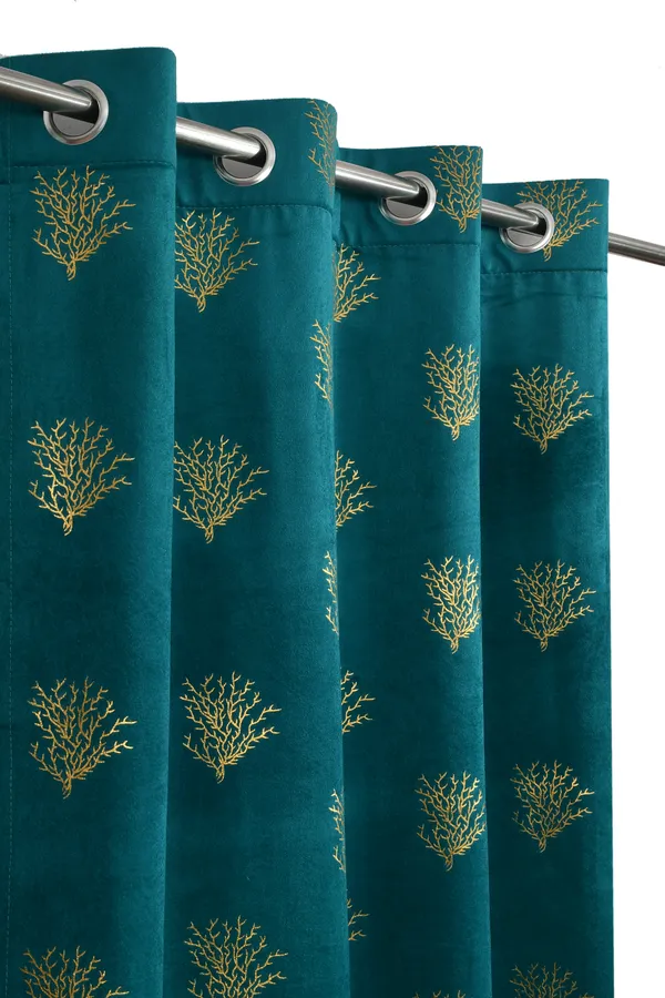 Teal_Velvet_Curtain_With_Golden_Coral_Embroidery_-_Grommet_Top