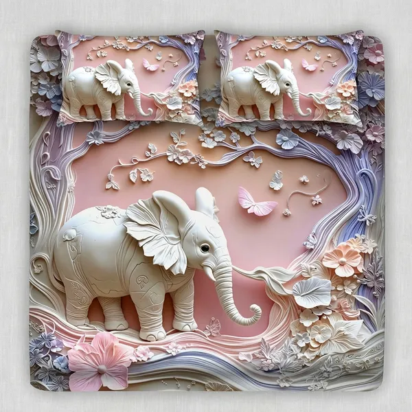 3D_Embossed_Elephant_Floral_Bedding_Set_With_Duvet_Cover_And_Pillow_Covers
