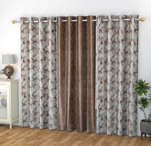 Premium_Tropical_Feather_Print_&_Solid_Brown_Curtain_Set_-_Set_Of_3_Panels_With_Grommets