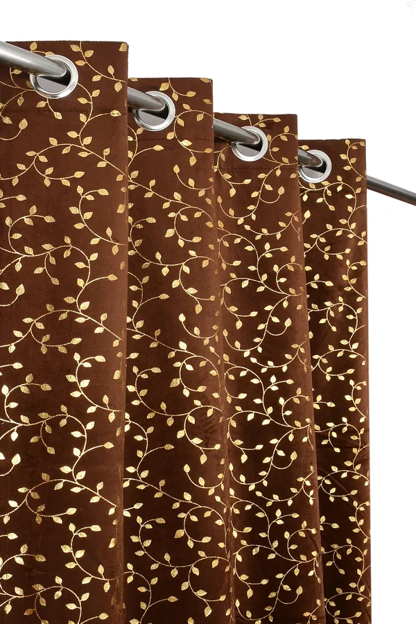 Brown_Floral_Printed_Curtain_With_Golden_Leaf_Pattern_And_Grommet_Top