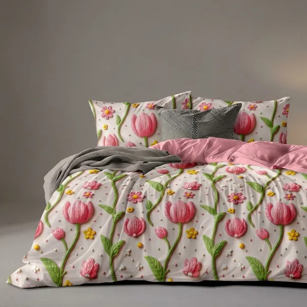 7D_Printed_Floral_Printed_Bedding_Set_-_Pink_Tulip_And_Flower_Design_(Double/Queen_Size)