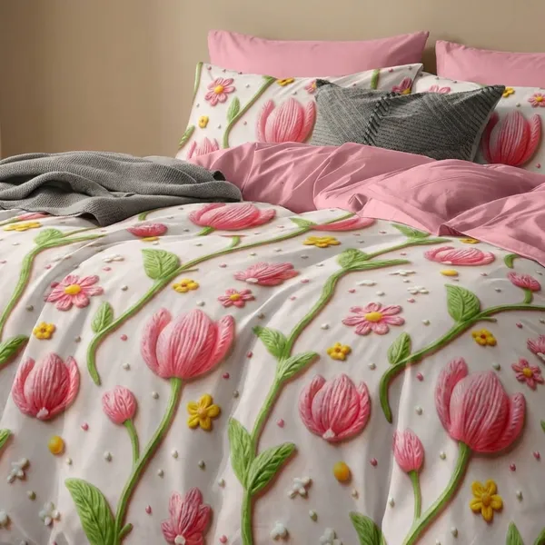7D_Printed_Floral_Printed_Bedding_Set_-_Pink_Tulip_And_Flower_Design_(Double/Queen_Size)