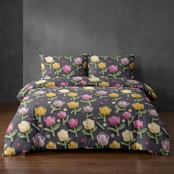 7D_Printed_Floral_Print_Bedding_Set_With_Reversible_Comforter_-_Purple,_Yellow,_And_Pink_Flowers