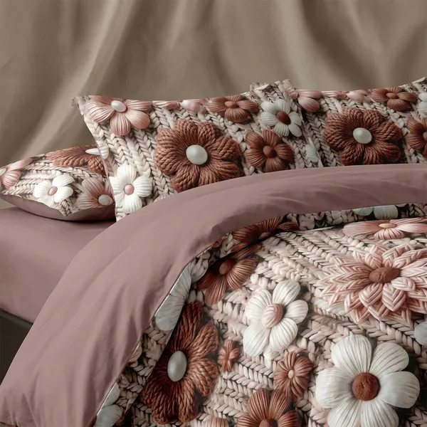 7D_Printed_Floral_Embossed_3D_Duvet_Cover_Bedding_Set_With_Pillowcases_-_Pink_And_Brown_Flower_Pattern