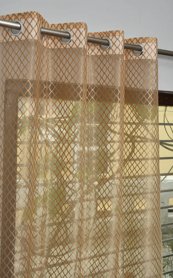 Golden_Orange_Diamond_Lattice_Pattern_Sheer_Curtain_With_Grommet_Top